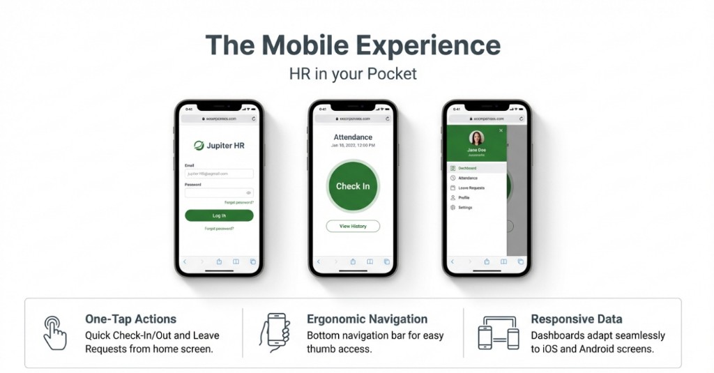 Jupiter HR mobile app: login, attendance check-in, and navigation menu.