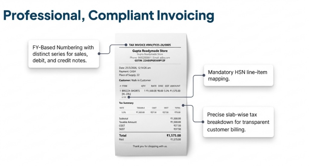 Professional, compliant tax invoice with FY-based numbering, HSN mapping, and slab-wise tax breakdown.