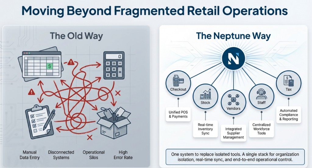The old way of fragmented retail operations versus Neptune's unified approach.