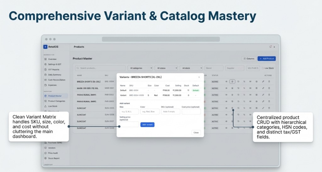 Product Master with variant matrix for SKU, size, colour, cost, and stock.