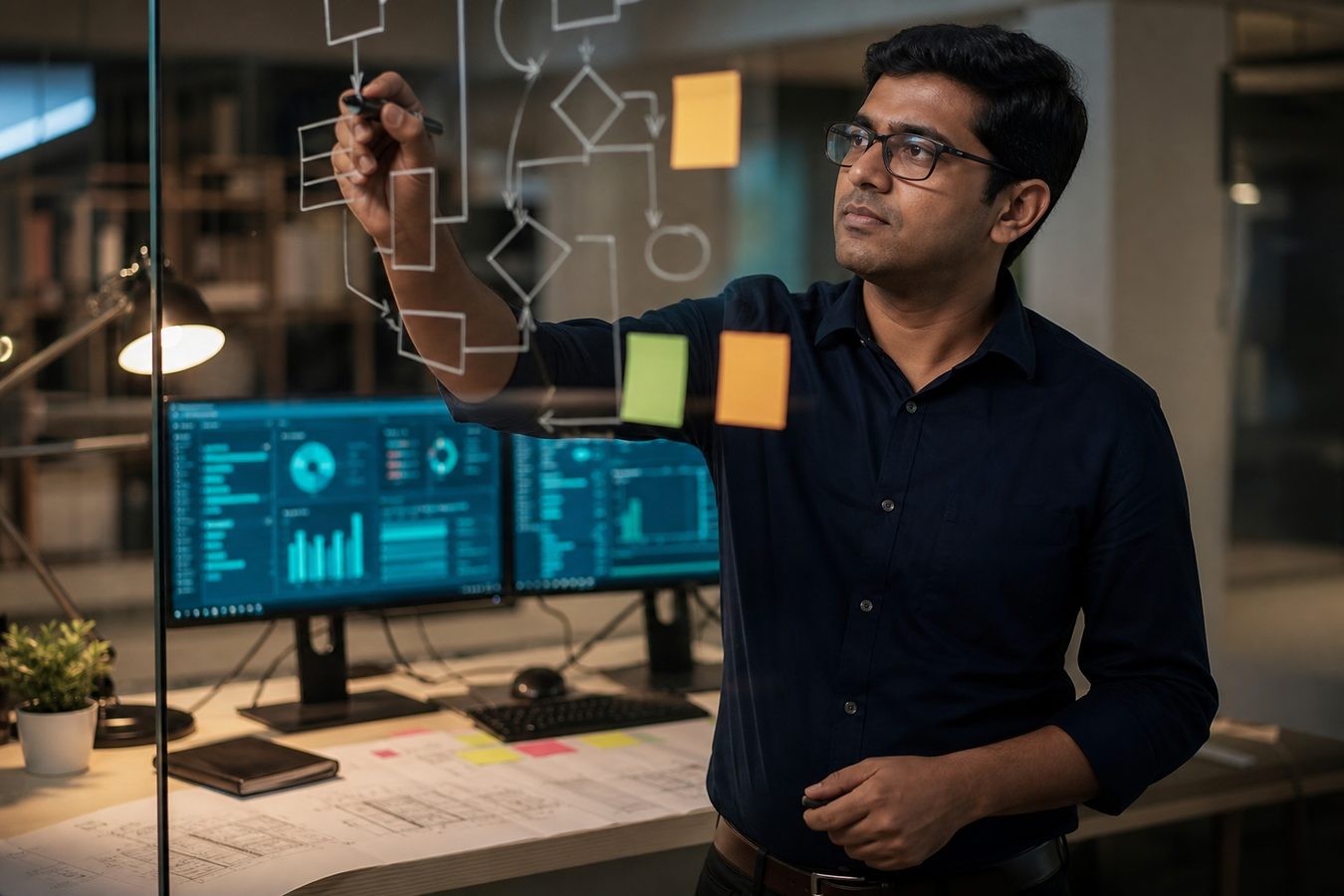 Software architect mapping business processes on a glass wall