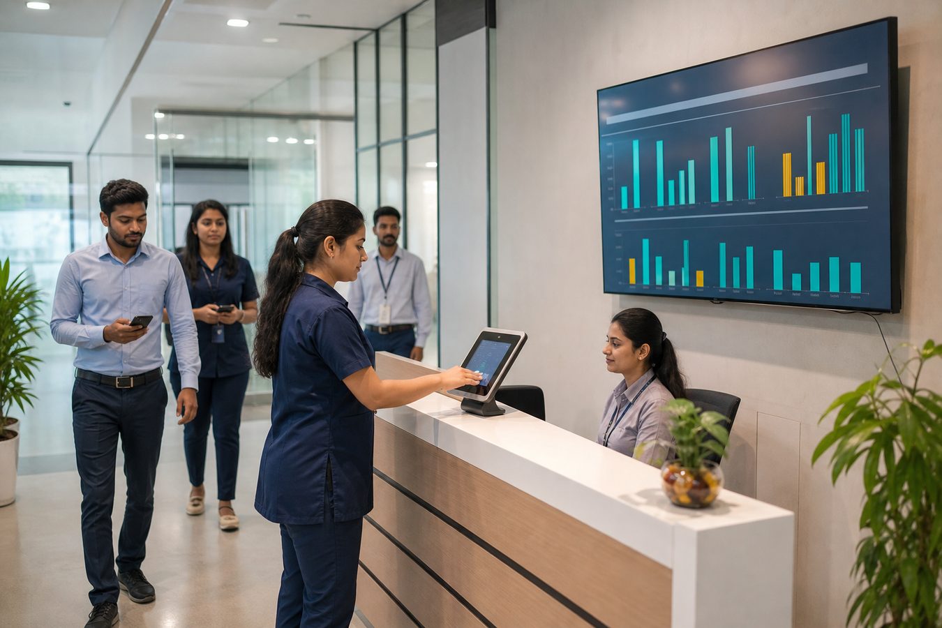 Office team using a modern attendance tablet at reception