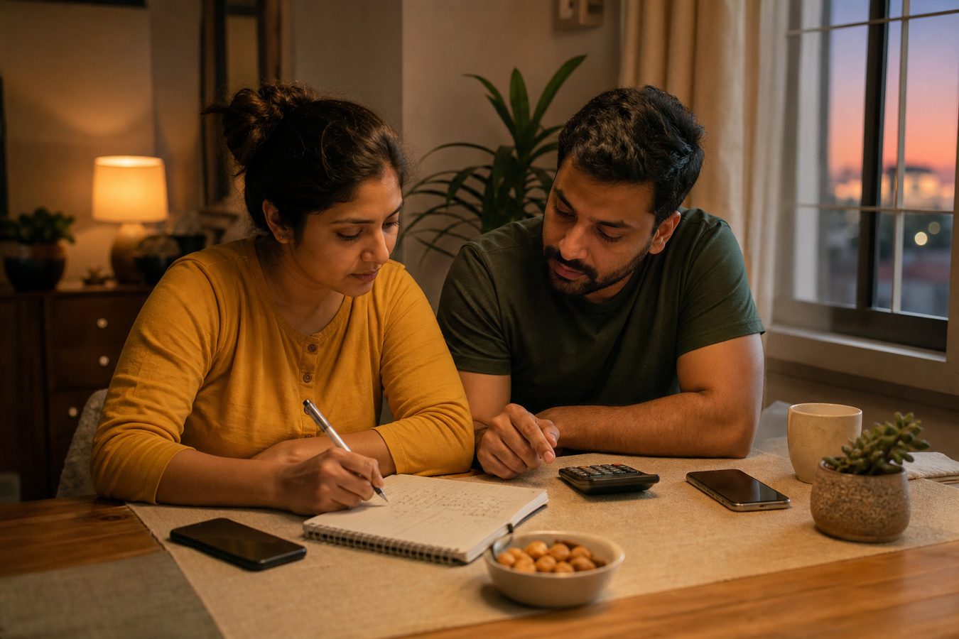 Couple reviewing household expenses together at a dining table