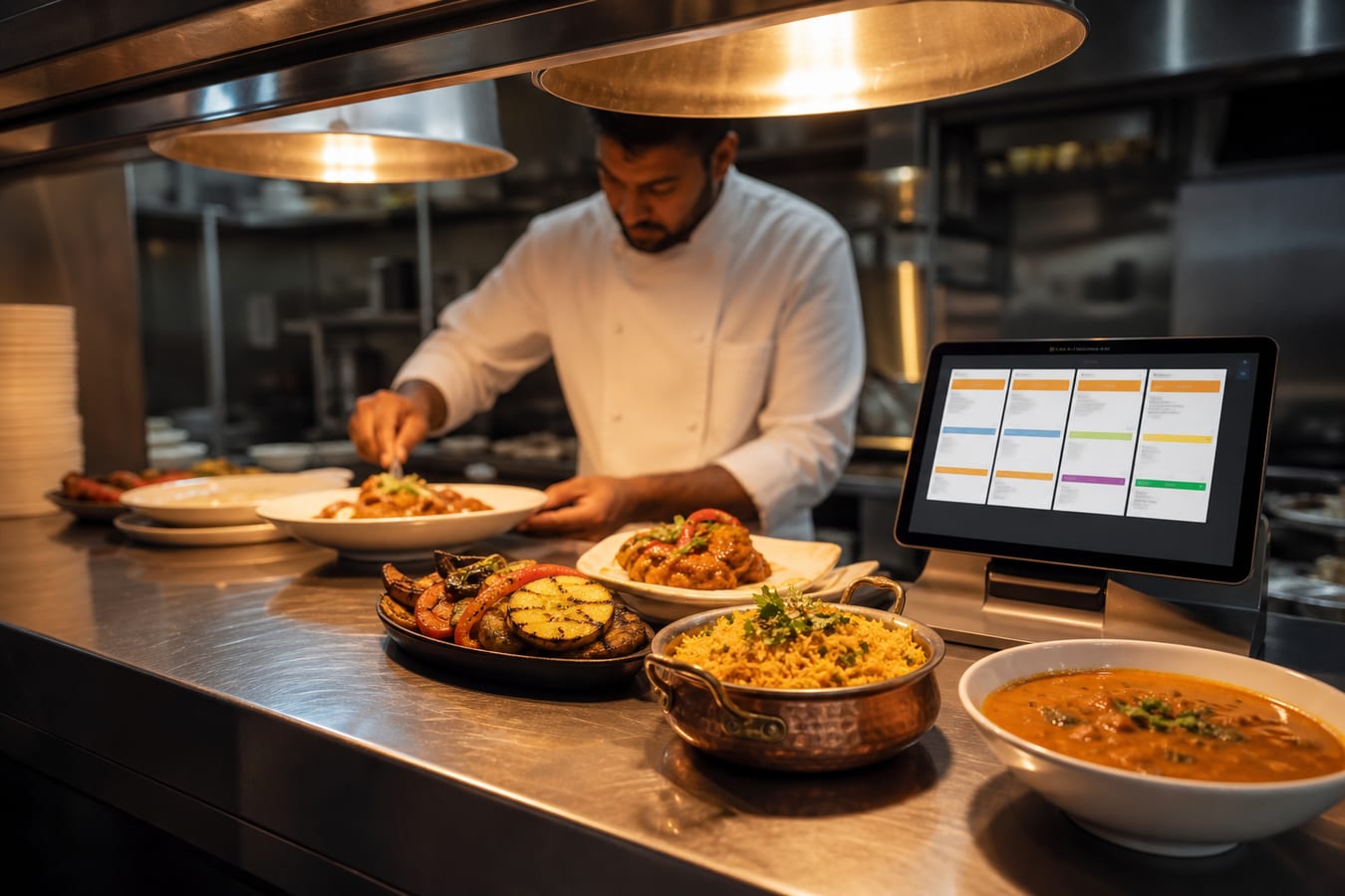 Restaurant kitchen pass with a tablet and plated dishes