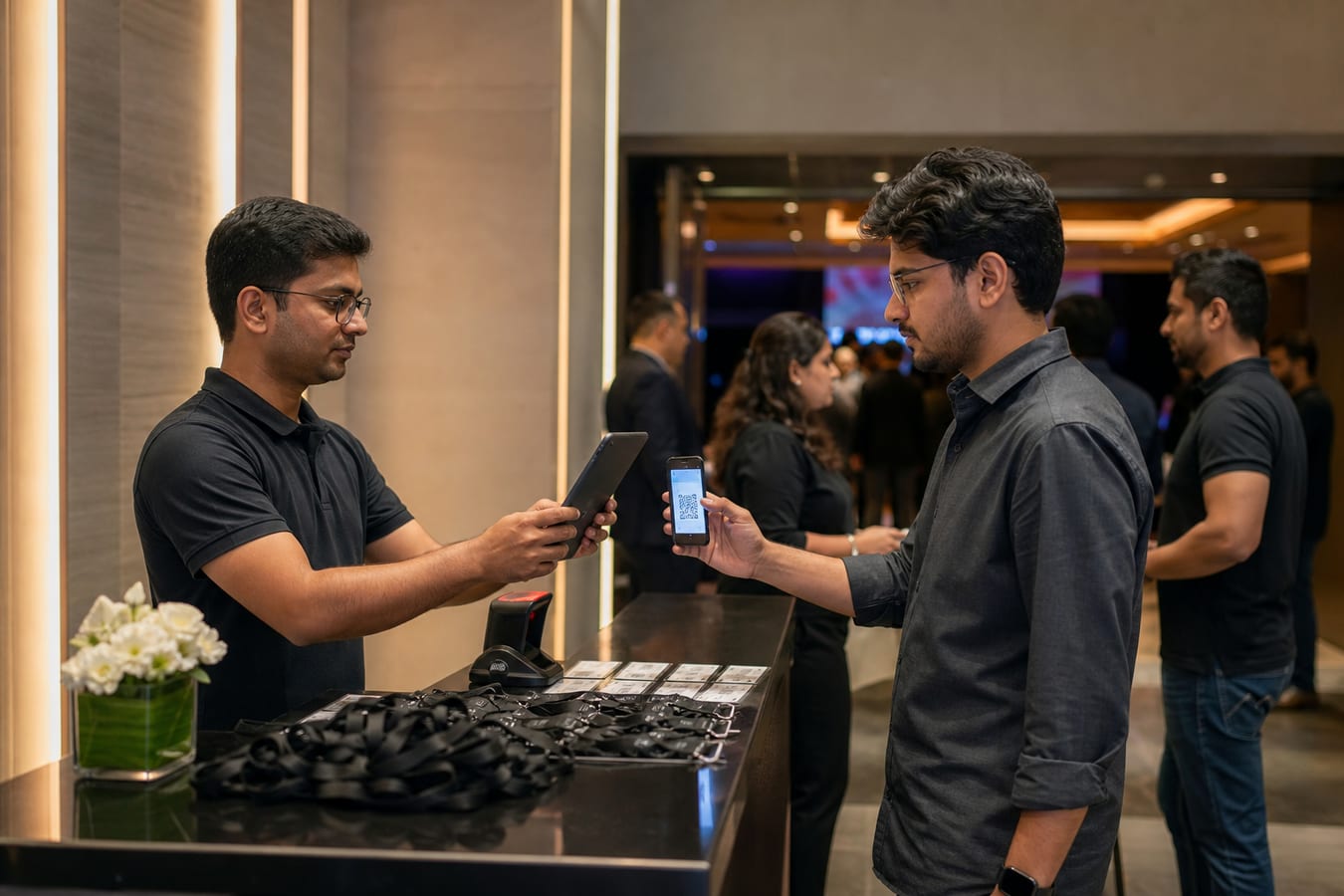 Event check-in desk with QR tickets and a tablet at the door