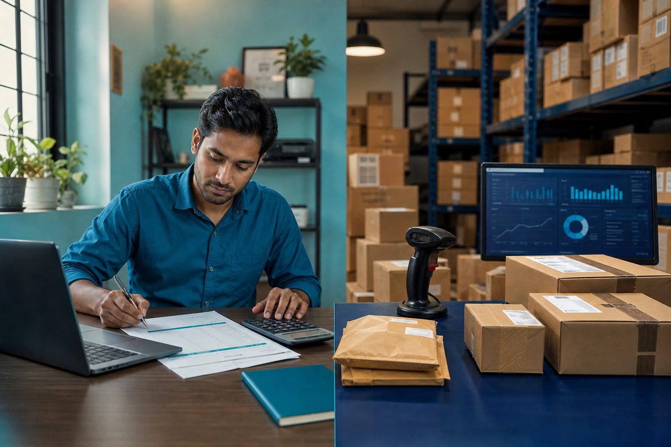 Desk split between simple invoicing and warehouse operations