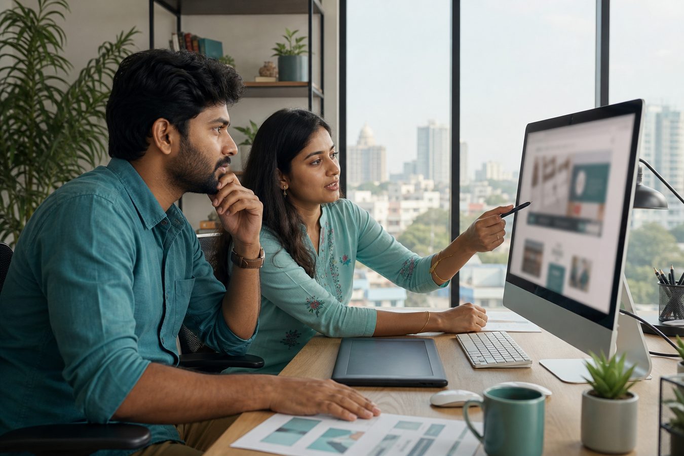 Designers reviewing a website layout in a bright studio