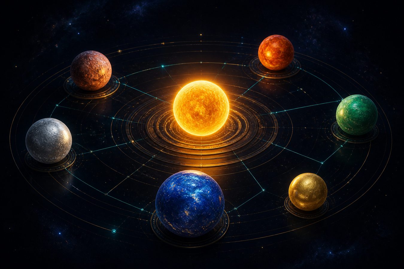 Abstract solar system of connected product orbs around a golden sun